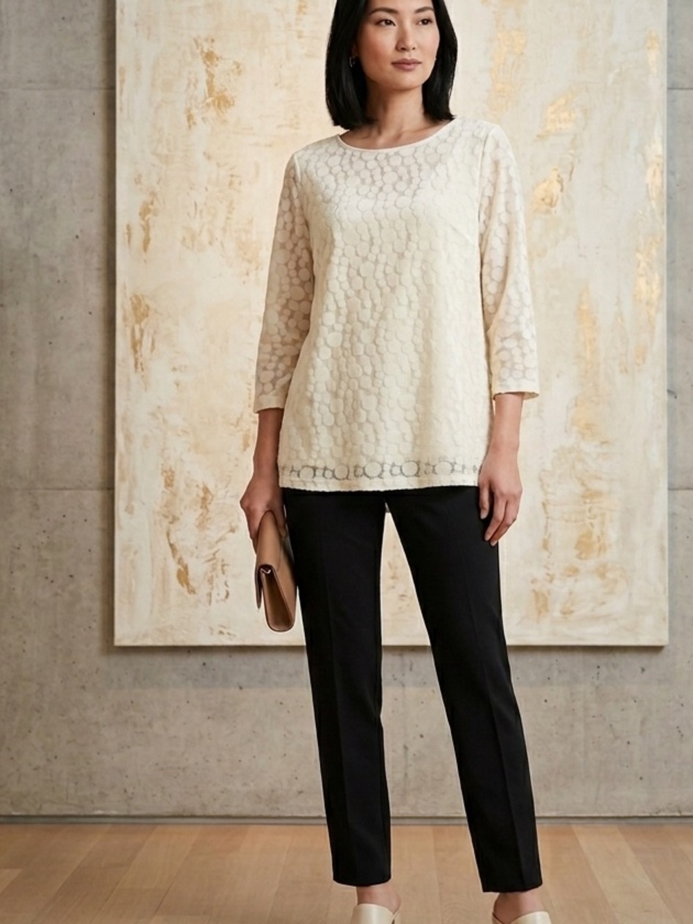 TALBOTS Cream Textured Polka Dot Top 3/4 Sleeve Plus Size